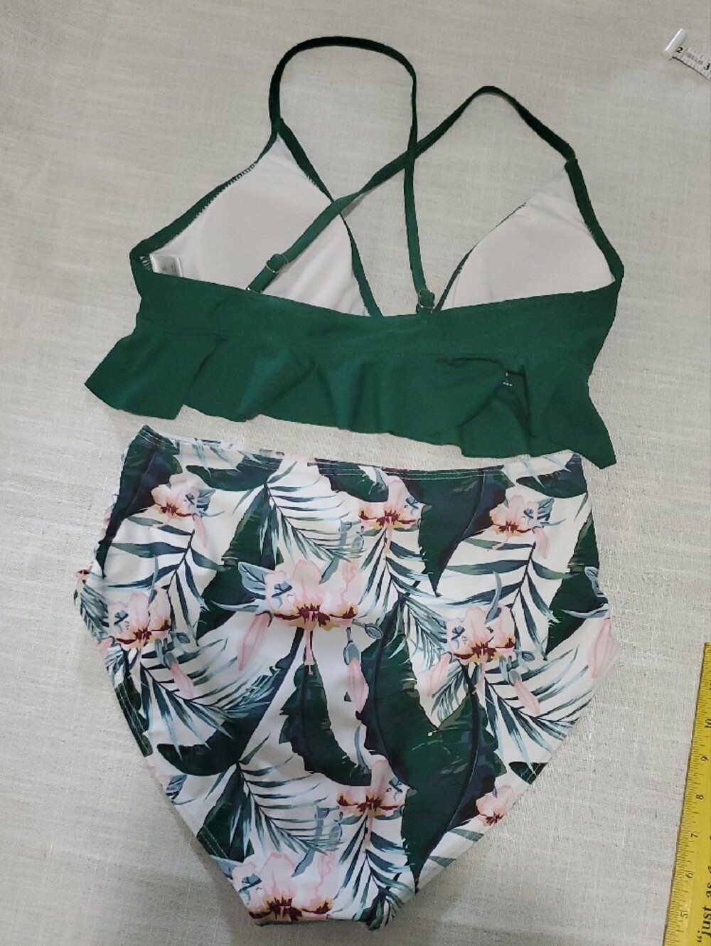 Green Ruffle Bralette Bikini Top with Tropical High-Waist Bottoms - Picture 2 of 3